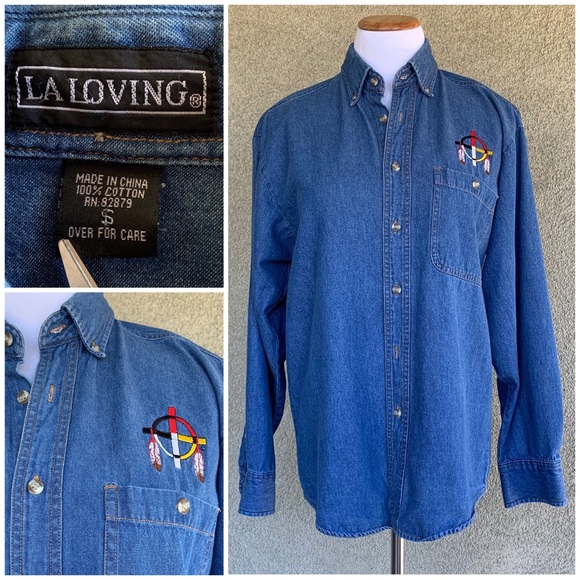 🔥5/$20🔥 “LA Loving” Denim Chambray Shirt Embroidery Size S - Picture 1 of 8